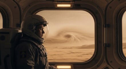 Astronaut Woman Inside Spacecraft Looking Out Window at Stormy Planet Surface