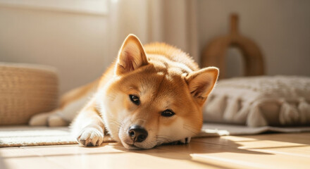 Relaxed shiba inu dog lying down on sunlit wooden floor in cozy home interior, enjoying warm morning light and peaceful atmosphere in modern minimalist living room