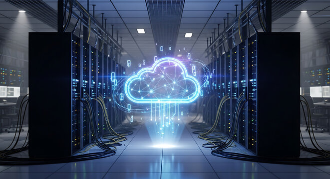 Cloud Computing Network Data Center Servers Hosting Virtual Cloud Services - Powered by Adobe