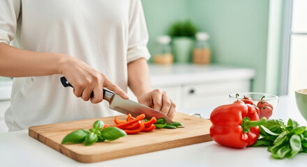 Woman chopping fresh red bell pepper and basil on wooden cutting board in bright modern kitchen healthy vegetarian meal preparation, clean eating and home cooking concept