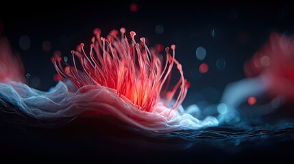 Abstract microscopic organism.  Red, glowing,  floral forms on a rippling,  blue-toned surface.  Dark backdrop