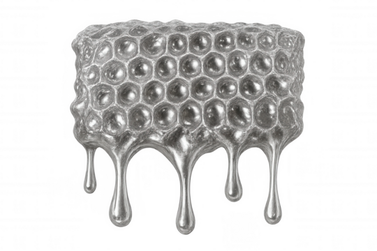 Silver liquid dripping through hexagonal honeycomb grid, flowing with metallic luminescence against transparent backdrop