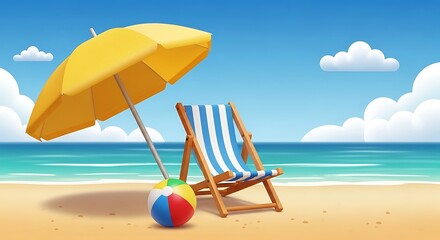 Cartoon beach scene with umbrella, beach chair and sea view offers a summer vacation vibe