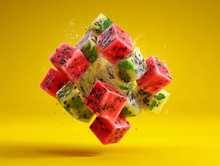 Watermelon Cube Fruit Mosaic Bright Colorful Art Texture Summer Healthy Nutrition Design Abstract Delicious Sweet Cross-section Refreshing Organic Vibrant Contrast Unique Pattern Sorbet