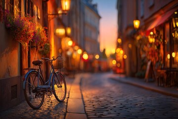 VÉLO VINTAGE SUR UNE RUE PAVÉE AU CRÉPUSCULE