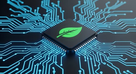 Green leaf logo on a computer chip with blue circuits