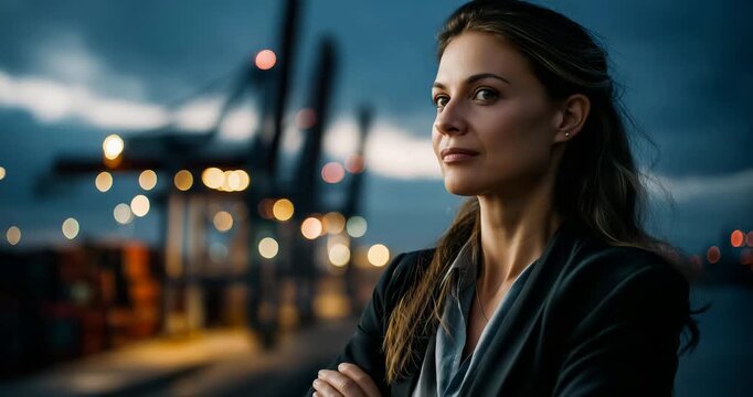 Female International Trade Exec at Shipping Port, Maritime Industrial, Dawn Lighting, Global Wide Shot, 4K