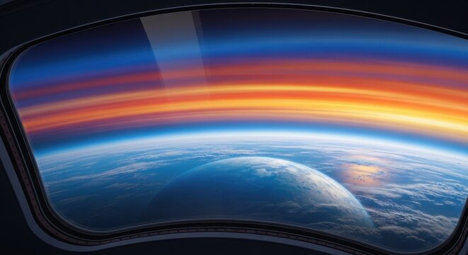 Earth View From Space Through Spacecraft Window with Colorful Atmosphere