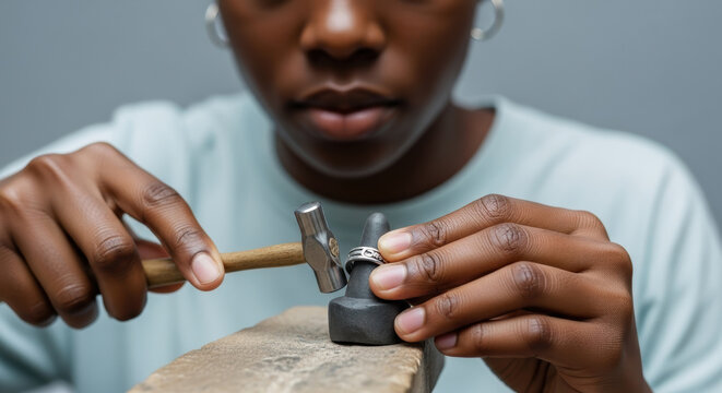Focused female jeweler carefully forging silver ring with small hammer on steel mandrel at workbench, demonstrating precision craftsmanship and handmade artistry in jewelry design - Powered by Adobe