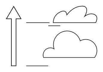 Upward arrow with striped clouds portraying movement, growth, success, aspiration, direction, innovation, and strategy. Ideal for progress, transformation vision leadership achievement goals