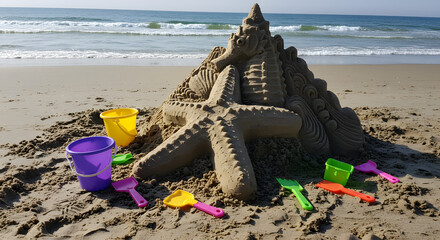 Sandcastle Serenity: A meticulously crafted sandcastle, adorned with a starfish and surrounded by colorful toys, graces a tranquil beach under the clear blue sky.