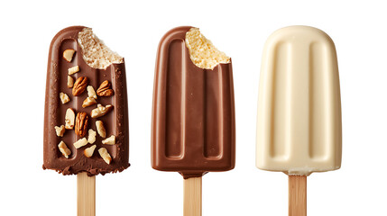 Obraz premium Three ice cream bars on wooden sticks, coated in different chocolate layers, with vanilla inside, isolated on a white background, showcased in high detail and studio lighting.