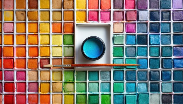 Colorful watercolor palette with a teal paint pot and brush - Powered by Adobe