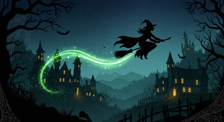 Flying Witch Over Haunted Village on Halloween Night
