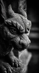 Close-up of a stone gargoyle face.  Dark, detailed sculpture of a fierce dragon-like creature.  Intense, watchful gaze.  Rough texture.  Black and white