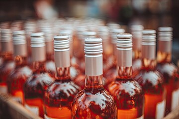 Close-up of many rose wine bottles in a wooden crate.  Rows of light-pink bottles, capped with silver, are tightly arranged.  Focus is on the tops of the bottles