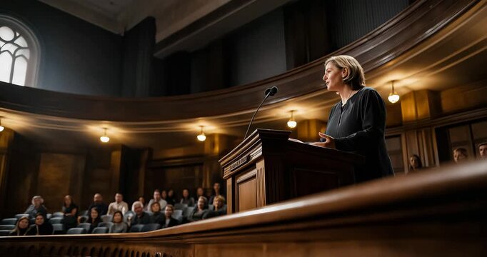 Woman University Dean Addresses Faculty in Academic Auditorium, Soft Stage Lighting, Elevated Angle, Ultra-Detailed 4K