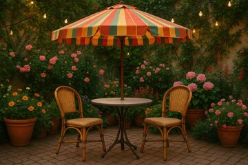 Obraz premium Cozy outdoor bistro setting with vintage wicker furniture and colorful market umbrella surrounded by blooming garden plants and fairy lights
