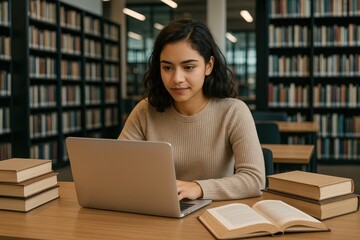 Focused university student embracing digital learning technology in academic library setting