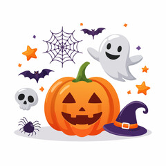 Obraz premium Fun flat vector icon set featuring popular Halloween symbols in bright cartoon style.