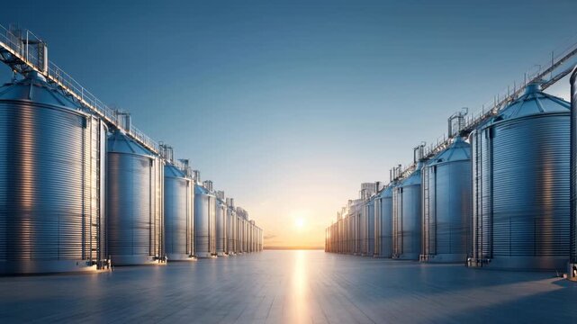Grain Warehouse Concept, Serene Industrial Landscape of Large Silos at Sunset Reflecting Warm Light in Agricultural Storage