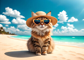 Cute tabby cat wearing a straw hat and heart sunglasses on a sunny beach