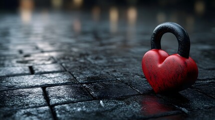 Fototapeta premium Holiday fitness red heart kettlebell on black gym floor.