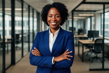Professional African American businesswoman in royal blue power suit radiating confidence and success