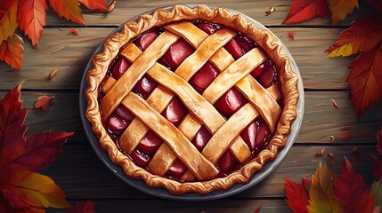 Delicious homemade cherry pie with lattice crust and autumn leaves