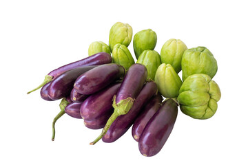 fresh green chayote with eggplants isolated on white background. shot with high angle view