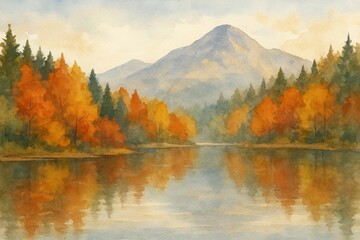 Fototapeta premium Autumn Mountain Lake Watercolor with Forest Reflection and Seasonal Colors Creating Peaceful Landscape