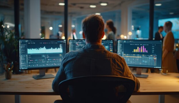 A person working at a desk with multiple monitors in a high-tech environment during nighttime, illuminated by computer screens and ambient lighting