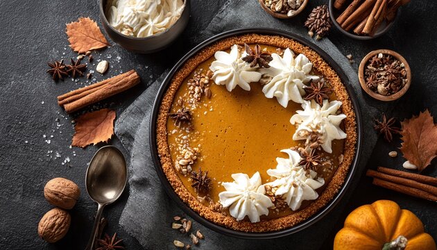 VUE A&Eacute;RIENNE D'UNE TARTE &Agrave; LA CITROUILLE AVEC CR&Egrave;ME FOUETT&Eacute;E