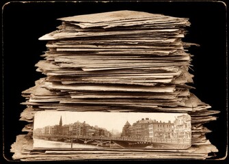 Stacked vintage photographs, sepia-toned, showing a city street scene