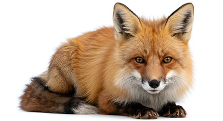 Fototapeta premium A red fox rests peacefully on a seamless white backdrop in a studio setting, calm and relaxed.