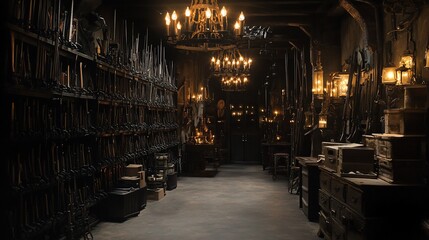 Obraz premium Armory Interior Displaying Swords, Rifles, and Chandeliers with Golden Light