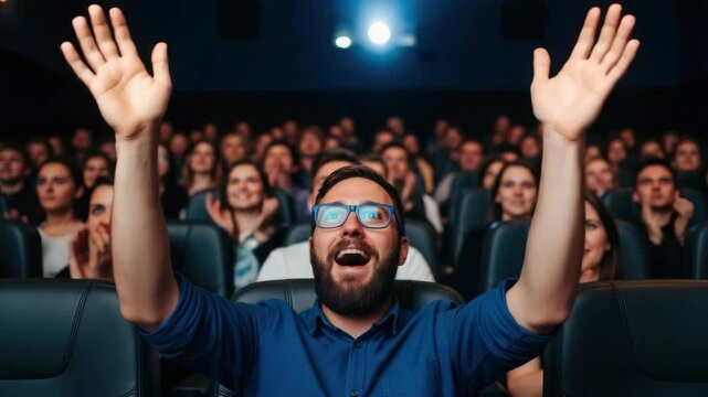 Enthusiastic Crowd Applauding in a Cinema, Celebrating an Amazing Show, Cheering Audience