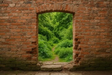 Obraz premium Weathered brick wall with natural opening revealing lush green garden beyond creating architectural contrast