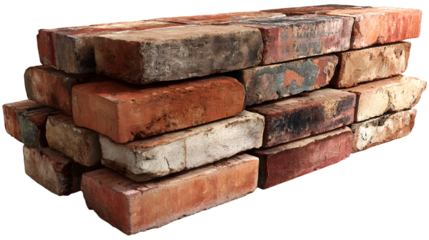 Stack of varied antique bricks displayed against a black background.