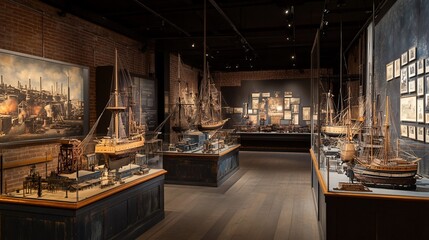 Historical Maritime Models Displayed in Museum Interior Setting