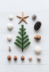 A minimalist Christmas tree design, using seashells, pinecones, and a starfish, arranged on a white wooden surface