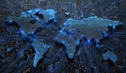 Naklejka premium Close-up of a detailed world map with blue and gray tones, highlighting continents and oceans in a digital style