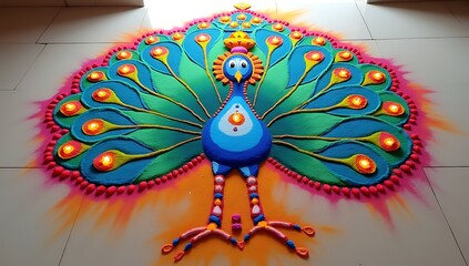 An ornate rangoli design in the shape of a peacock, with Krishna’s flute and butter pot motifs, created using powdered colors and flower petals.