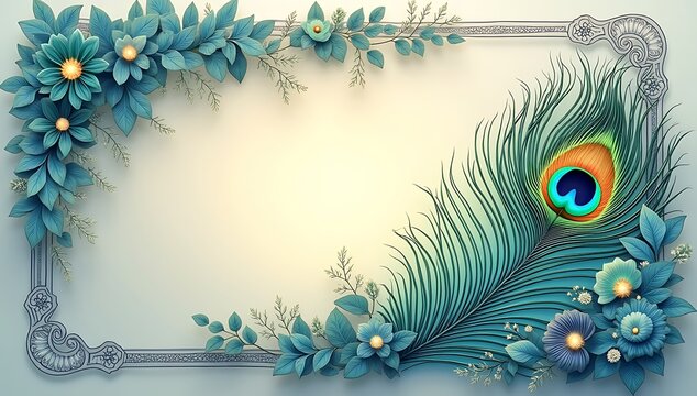 An intricate floral border design framing a central glowing peacock feather, with faint silhouettes of flutes and conch shells in the background.