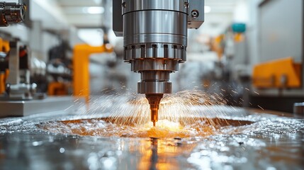 Metalworking machine cutting metal with sparks flying in a factory setting.