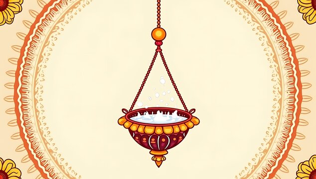 A minimal yet colorful vector of a hanging dahi handi pot with splashes of milk, surrounded by radial decorative patterns and marigold borders.