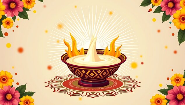 A minimal yet colorful vector of a hanging dahi handi pot with splashes of milk, surrounded by radial decorative patterns and marigold borders.