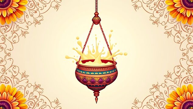 A minimal yet colorful vector of a hanging dahi handi pot with splashes of milk, surrounded by radial decorative patterns and marigold borders.