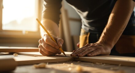 Carpenter marking wood with pencil indoors
