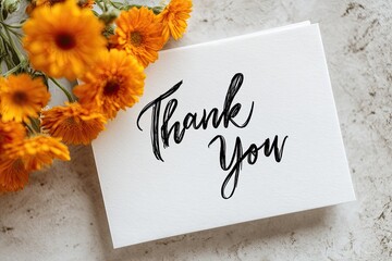 A thank you card with orange flowers